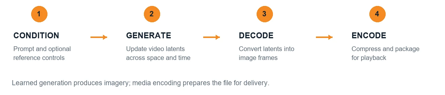 Prompt conditioning, latent generation, frame decoding and media encoding workflow